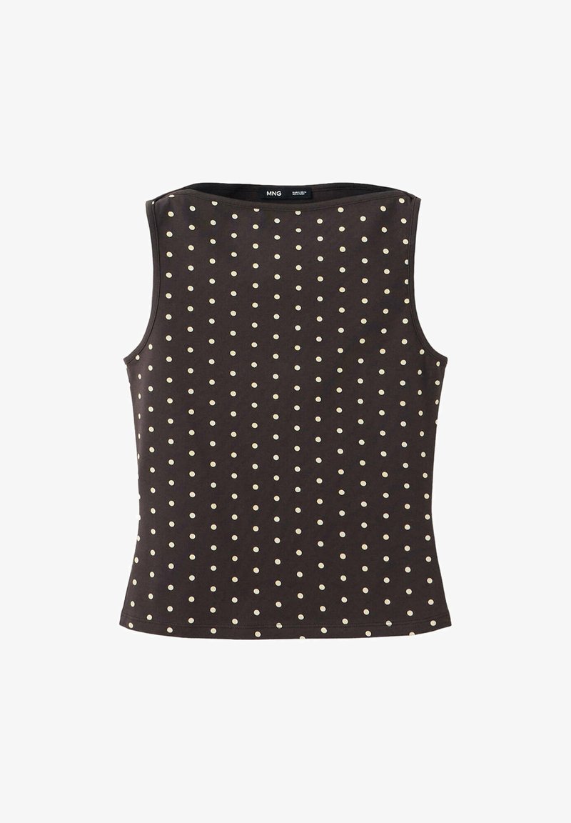 Haut noir sans manches avec des pois crème espacés uniformément, encolure droite et taille ajustée, présenté sur fond blanc.