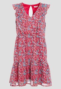 Red floral dress with ruffled sleeves and a keyhole neckline. Features a tiered skirt and a textured fabric with blue and yellow accents.