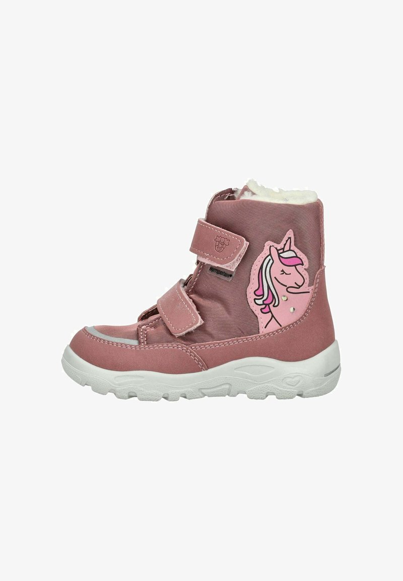Roze hoge laars met twee klittenbandstraps, witte rubberen zool en een eenhoornontwerp met veelkleurig haar aan de zijkant. Voering van fleece.