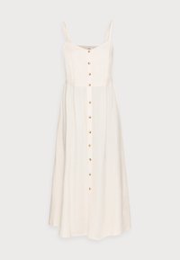 Helles beige Leinenkleid mit dünnen Trägern, einer durchgehenden Knopfleiste und einem fließenden Rock. Besondere Merkmale sind das schlichte Design und die natürliche Textur.