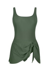 Abito da bagno verde scuro con corpetto aderente, spalline larghe e dettaglio a nodo in vita, realizzato in tessuto morbido e liscio.