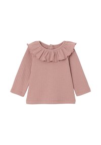 Rosa Ribben-Langarmshirt mit gerafftem Ausschnitt und Knopfverschluss im Rücken, gefertigt aus weichem, strukturiertem Stoff.