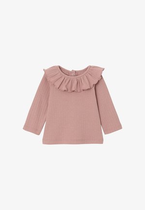 Rosa Ribben-Langarmshirt mit gerafftem Ausschnitt und Knopfverschluss im Rücken, gefertigt aus weichem, strukturiertem Stoff.