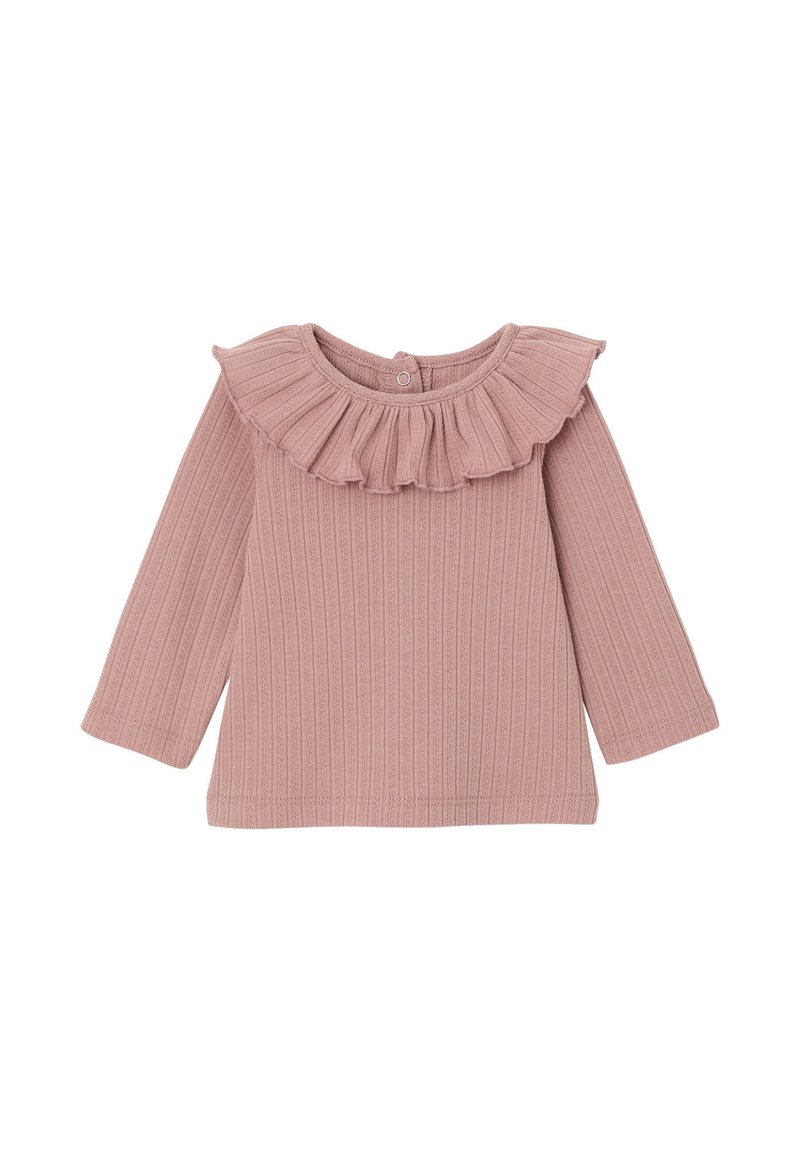 Rosa Ribben-Langarmshirt mit gerafftem Ausschnitt und Knopfverschluss im Rücken, gefertigt aus weichem, strukturiertem Stoff.