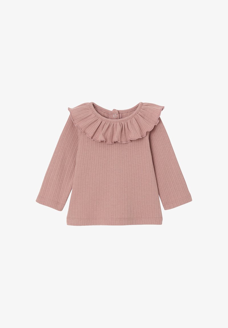 Rosa Ribben-Langarmshirt mit gerafftem Ausschnitt und Knopfverschluss im Rücken, gefertigt aus weichem, strukturiertem Stoff.