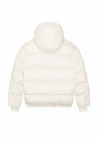 Doudoune blanche avec capuche, dotée de panneaux matelassés, de poignets élastiques et d'une coupe courte. Texture lisse et brillante.