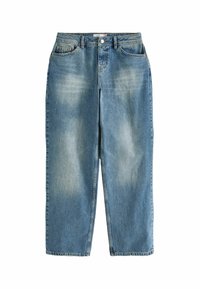Jeans de blugi de culoare albastru deschis, cu talie înaltă, având un croi drept, zone decolorate și un design clasic cu cinci buzunare, cu accesorii metalice.