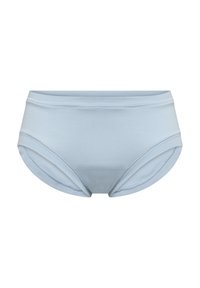 Lys blå bomuldsbrief med en glat tekstur, elastisk talje, og en mid-rise skærefacon. Har rundede benåbninger for komfort og pasform.