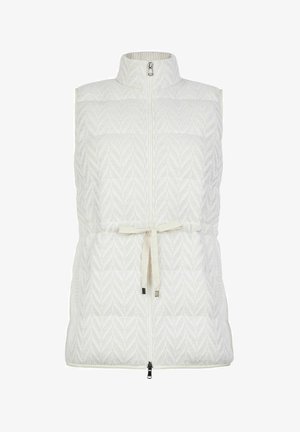 Hvid mønstret vest med høj krave, lynlås foran og snoretræk i taljen. Den har et struktureret herringbone-design og kontrasterende kant.