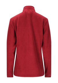Röd fleecejacka med hög krage, långa ärmar och en slät, texturerad yta. Inga synliga mönster eller detaljer i metall.