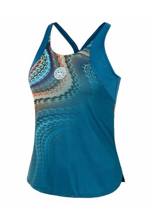 Blaues Sport-Top für Damen mit abstraktem, mehrfarbigem digitalem Wellenmuster und weißem, kreisförmigem Logo auf der Brust, gekreuzte Träger am Rücken.