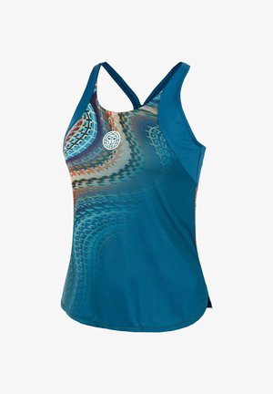 Camiseta deportiva azul para mujer con patrón digital abstracto de ondas multicolores y logotipo circular blanco en el pecho, con tirantes cruzados en la espalda.