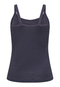 Marineblå top med tynde stropper, lavet af et glat, let strækbart materiale. Har et tætsiddende design og en sømløs kant.