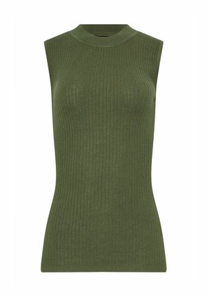 Ribbed sleeveless top in dark green. Features a high neck and fitted silhouette, made from a textured knit material.