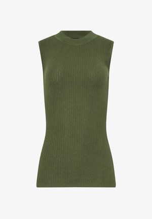 Top sin mangas acanalado en verde oscuro. Presenta un cuello alto y una silueta ajustada, confeccionado en un material de punto texturizado.