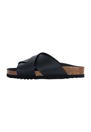 Svart slide-sandal med korslagda remmar, kork-mellansula och texturerad gummiyttersula, perfekt för avslappnad användning.