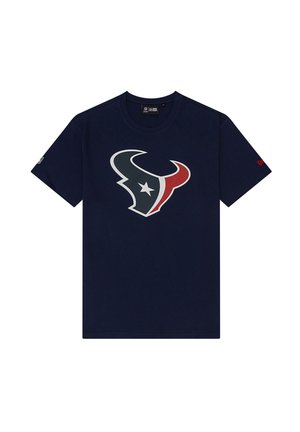 Navy blue cotton t-shirt featuring a large gray and red bull logo with a star, round neckline, and short sleeves. Accent logo on sleeve.