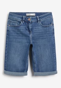 Short en denim bleu taille mi-haute, longueur genou, revers roulés, bouton devant, fermeture éclair et style cinq poches.