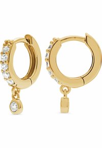 Guldörhängen med klara kristaller arrangerade längs framsidan och en dinglande kristallaccent. Släta ytor med glänsande textur.