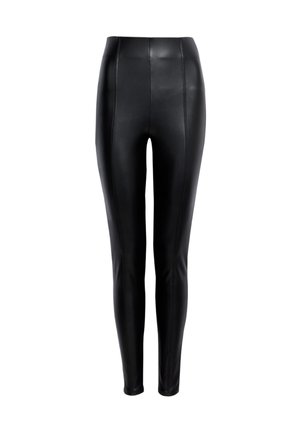 Zwarte nepleer leggings met een hoge taille, slim fit en zichtbare stikseldetails langs de voorpanelen. Soepele, glanzende textuur.