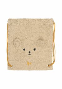 Bolso de felpa beige con diseño de cara de oso. Presenta ojos, nariz y pajarita bordados. Cierre con cordón ajustable con cuerdas amarillas y ojales de metal.