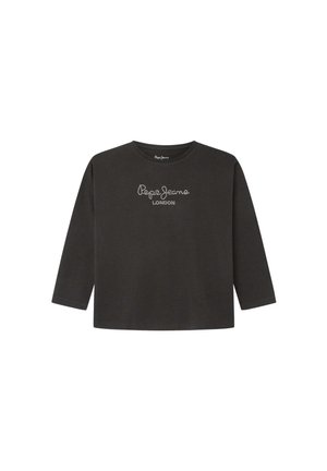Schwarzes Langarmshirt mit dem Text „Pepe Jeans LONDON“ in weißen Punkten, zentriert auf der Brust, mit rundem Ausschnitt und geradem Saum.