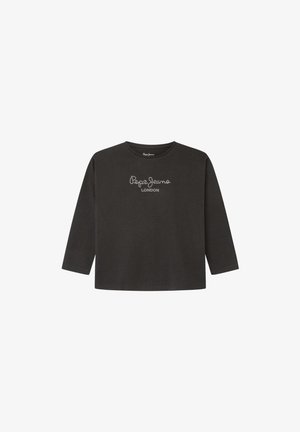 Sort langærmet skjorte med teksten "Pepe Jeans LONDON" i hvide prikker centreret på brystet, med rund halsudskæring og lige kant.