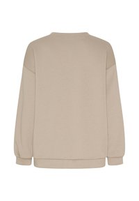 Beige sweatshirt med långärmade ärmar, avslappnad passform, rund halsringning och ribbade muddar. Mjukt tyg utan synliga mönster eller detaljer.