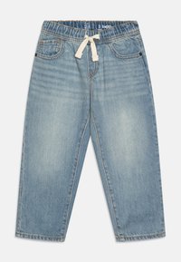 Lyseblå denimbukser med elastisk midje og snøring. Har to frontlommer og en rett, løs passform. Subtilt falming på stoffet.