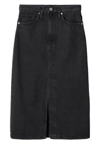 Jupe midi en denim noir avec une fente frontale, cinq poches et des coutures visibles. Le tissu présente une apparence lisse et texturée.