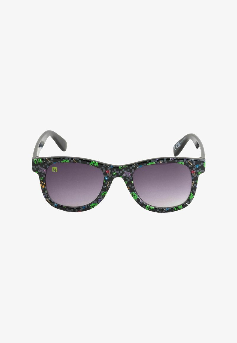 Lunettes de soleil taille enfant avec montures noires ornées d'icônes colorées pixelisées sur le thème du jeu et de verres dégradés violets.