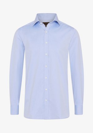 Jasnoniebieska, długosleeveowa koszula z bawełnianego materiału. Posiada spiczasty kołnierzyk oraz zapinanie na guziki z białymi guzikami. Klasyczny krój.