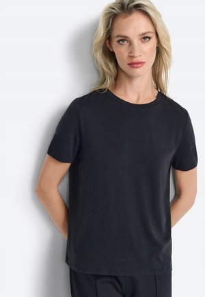 Schwarzes T-Shirt mit kurzen Ärmeln aus weichem Stoff, mit rundem Halsausschnitt und lockerer Passform. Minimalistisches Design ohne Muster oder Akzente.