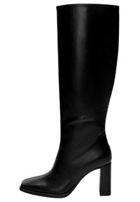 Schwarze knielange Lederstiefel mit einem quadratischen Zehenbereich und einem kräftigen Absatz. Glatte Textur, taillierte Form und keine sichtbaren Beschläge oder Muster.