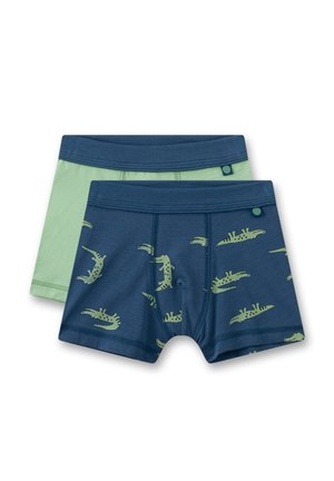 Zwei Paar Jungen-Boxershorts: ein Paar blau mit grünen Krokodilmotiven, das andere einfarbig in Mintgrün. Weiche Baumwollmischung, elastische Bündchen.