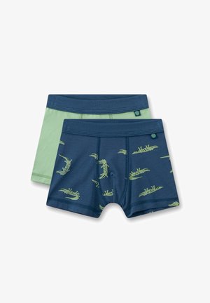 Zwei Paar Jungen-Boxershorts: ein Paar blau mit grünen Krokodilmotiven, das andere einfarbig in Mintgrün. Weiche Baumwollmischung, elastische Bündchen.