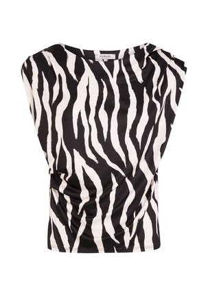 Blouse à manches courtes rayée zèbre en noir et blanc avec un col rond et un détail froncé sur le côté.