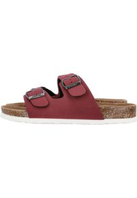Vinfarvede sandaler med to spænder, korksål og hvid gummisål. Glat tekstur med flad design.