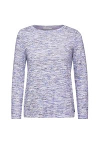 Langärmliger, lavendelfarbener Pullover mit einer melierten Strickstruktur. Rundhalsausschnitt und seitliche Schlitze am Saum für mehr Bewegungsfreiheit.