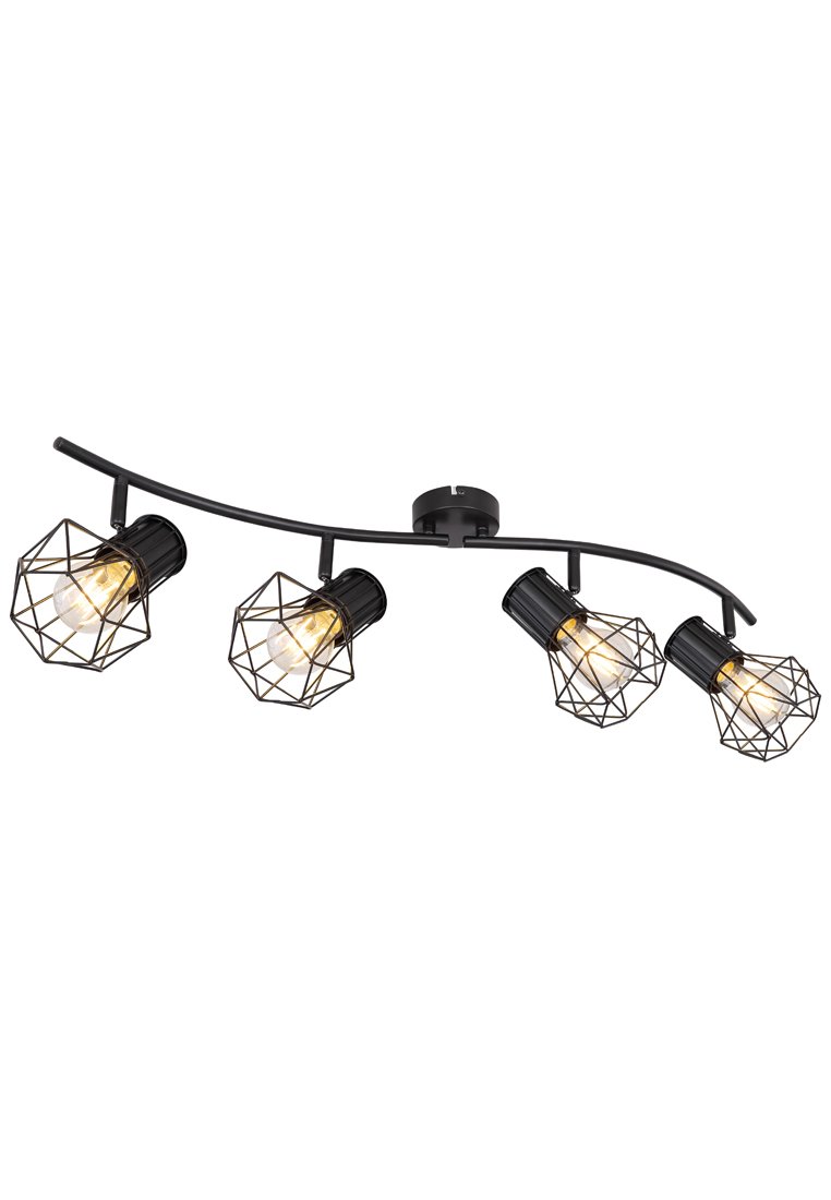 Lampadario a soffitto nero curvo con quattro lampade geometriche in rete metallica, con le lampadine visibili. Struttura in metallo e design moderno.