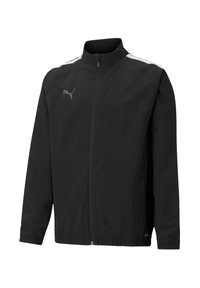 Zwarte jas van lichtgewicht stof met een ritssluiting aan de voorkant, hoge kraag en grijze accenten op de schouders. Puma-logo op de linkerkant van de borst.