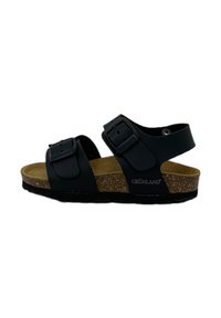 Sandali neri con due cinturini regolabili, soletta in sughero, suola nera testurizzata e logo GRÜNLAND di lato.