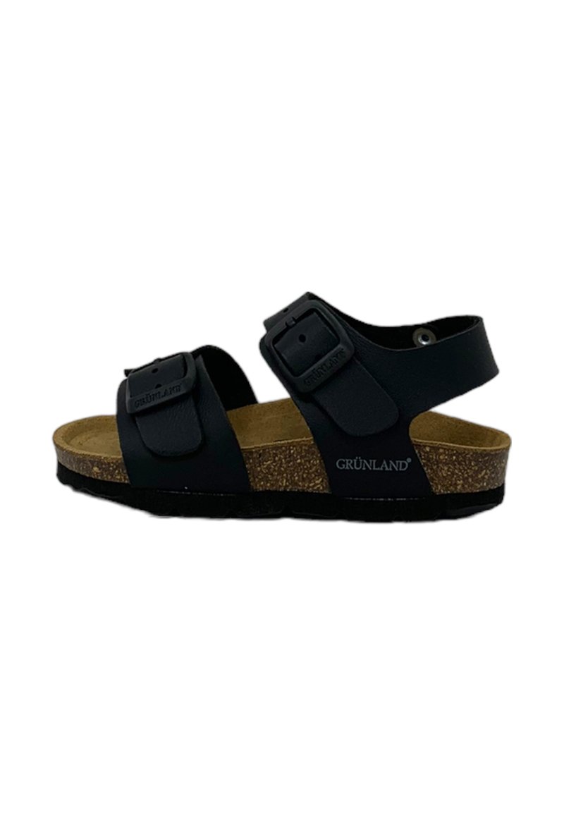 Sandali neri con due cinturini regolabili, soletta in sughero, suola nera testurizzata e logo GRÜNLAND di lato.
