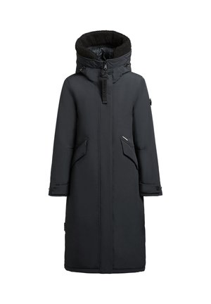 Long black puffer coat with a fur-lined hood, zip front, side pockets, and snap cuffs. Smooth, matte fabric with minimal detailing.