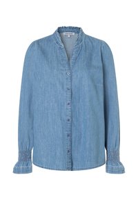 Hellblaues Denimhemd mit kragenförmigem Ausschnitt, durchgehender Knopfleiste und gesmockten Ärmeldetails. Lange Ärmel und eine Brusttasche sind vorhanden.