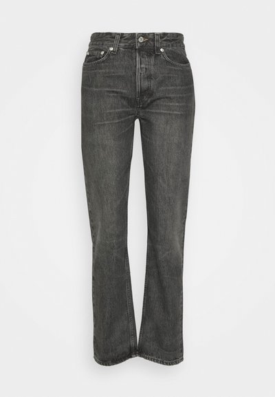 Black high-waisted jeans with a straight leg cut. Features classic five-pocket design and silver hardware. Textured denim fabric.
