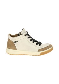 High-top sneakers made from white leather with brown suede accents. Black laces and a textured rubber sole complete the design.