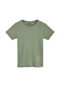 T-shirt vert olive à manches courtes avec un col rond, fabriqué en coton doux, avec un design simple et un petit logo en bas.