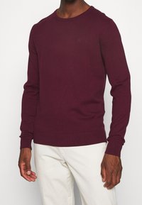 Burgundy knitted sweater with a crew neckline, long sleeves, and ribbed cuffs and hem. Subtle logo detail on the chest.
