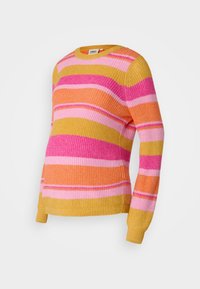 Colorful, striped sweater in shades of pink, orange, and yellow. Ribbed texture with a crew neckline and long sleeves.